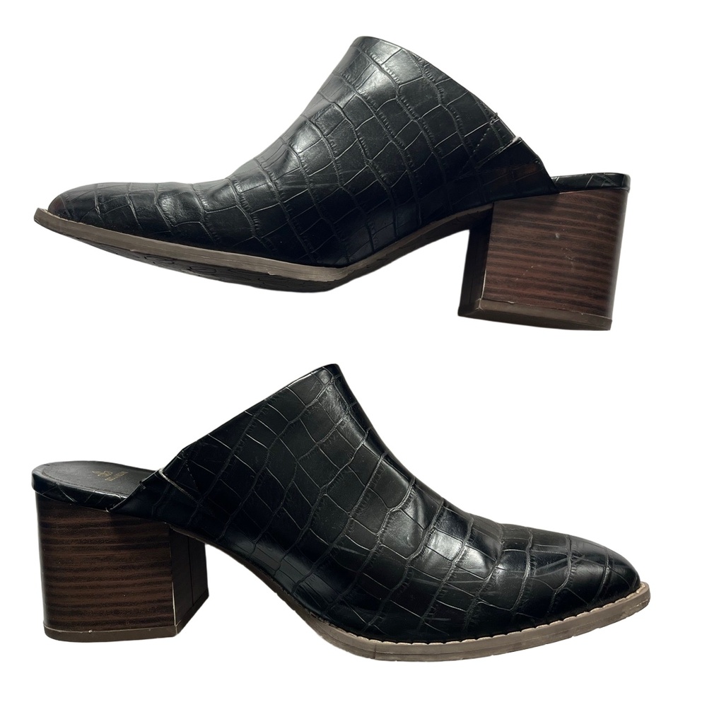 Black Croc-Embossed Leather Mule Heels